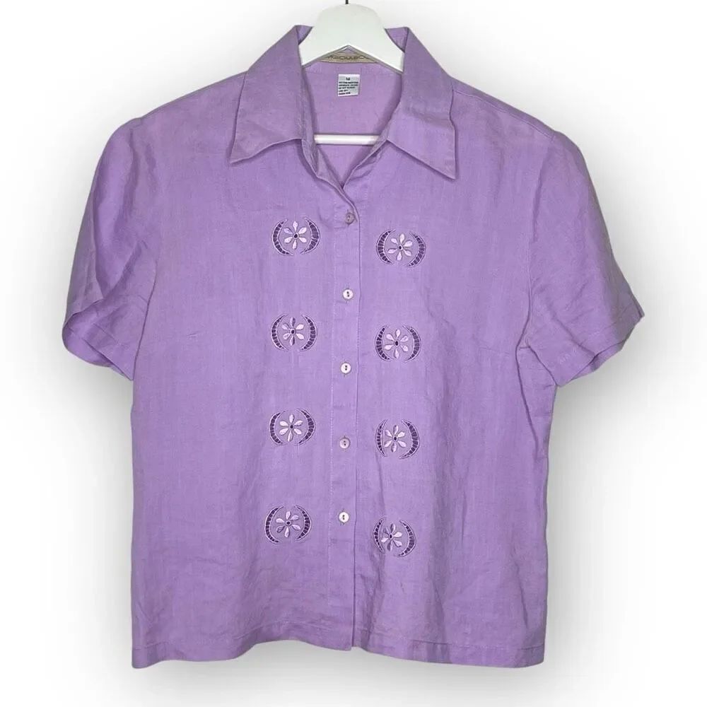 JM Goulbourn Linen Purple Embroidered Button Up Collared Blouse Size 14 Vintage